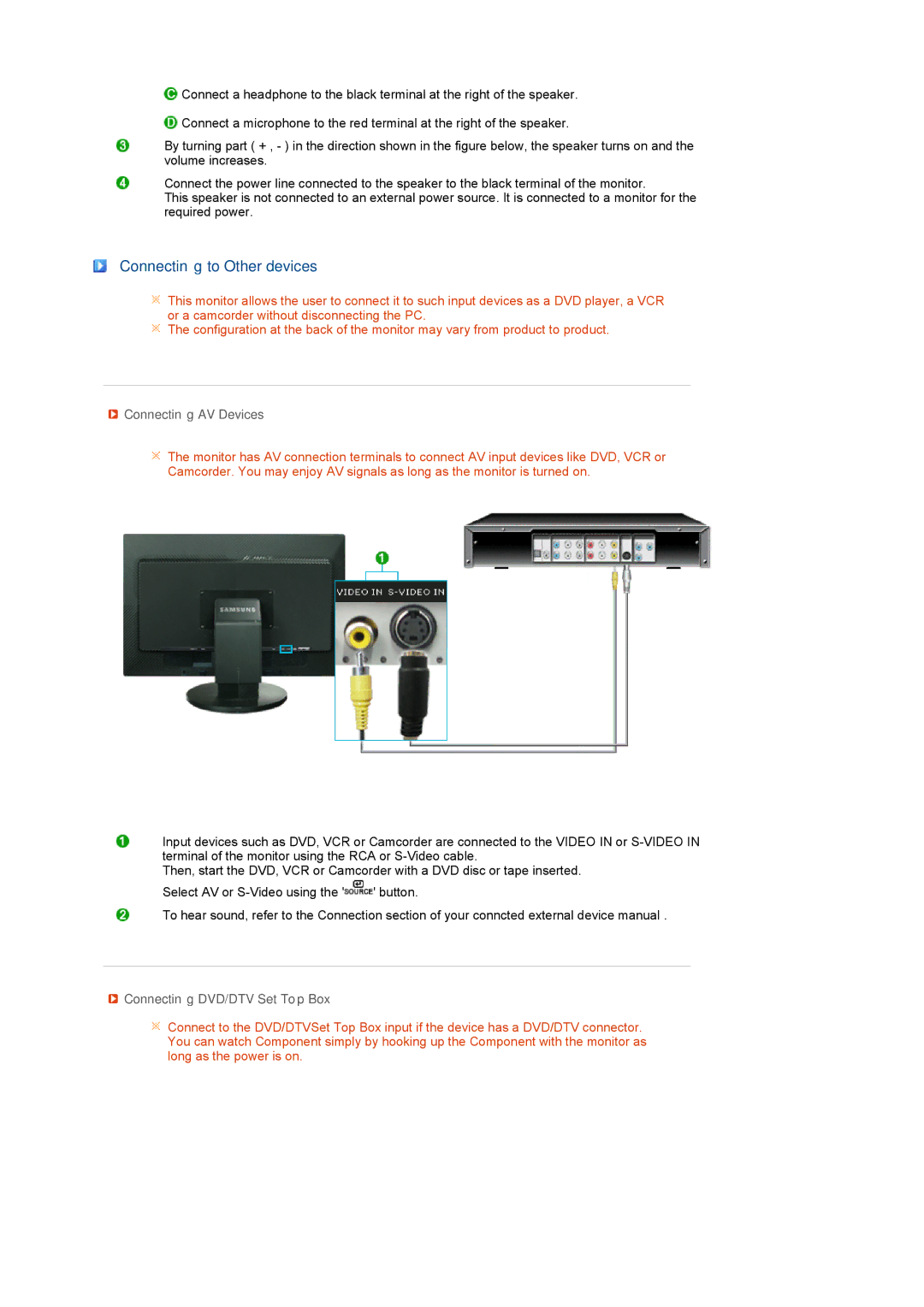 Samsung LS27HUCCBSEDC, LS27HUCCS/EDC Connecting to Other devices, Connecting AV Devices, Connecting DVD/DTV Set Top Box 