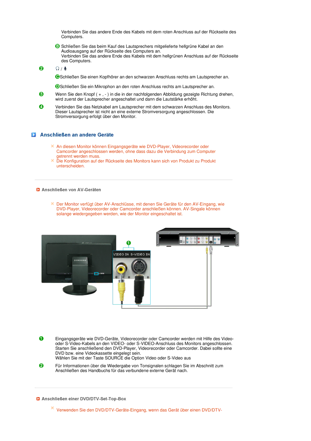 Samsung LS27HUCCB/EDC Anschließen an andere Geräte, Anschließen von AV-Geräten, Anschließen einer DVD/DTV-Set-Top-Box 