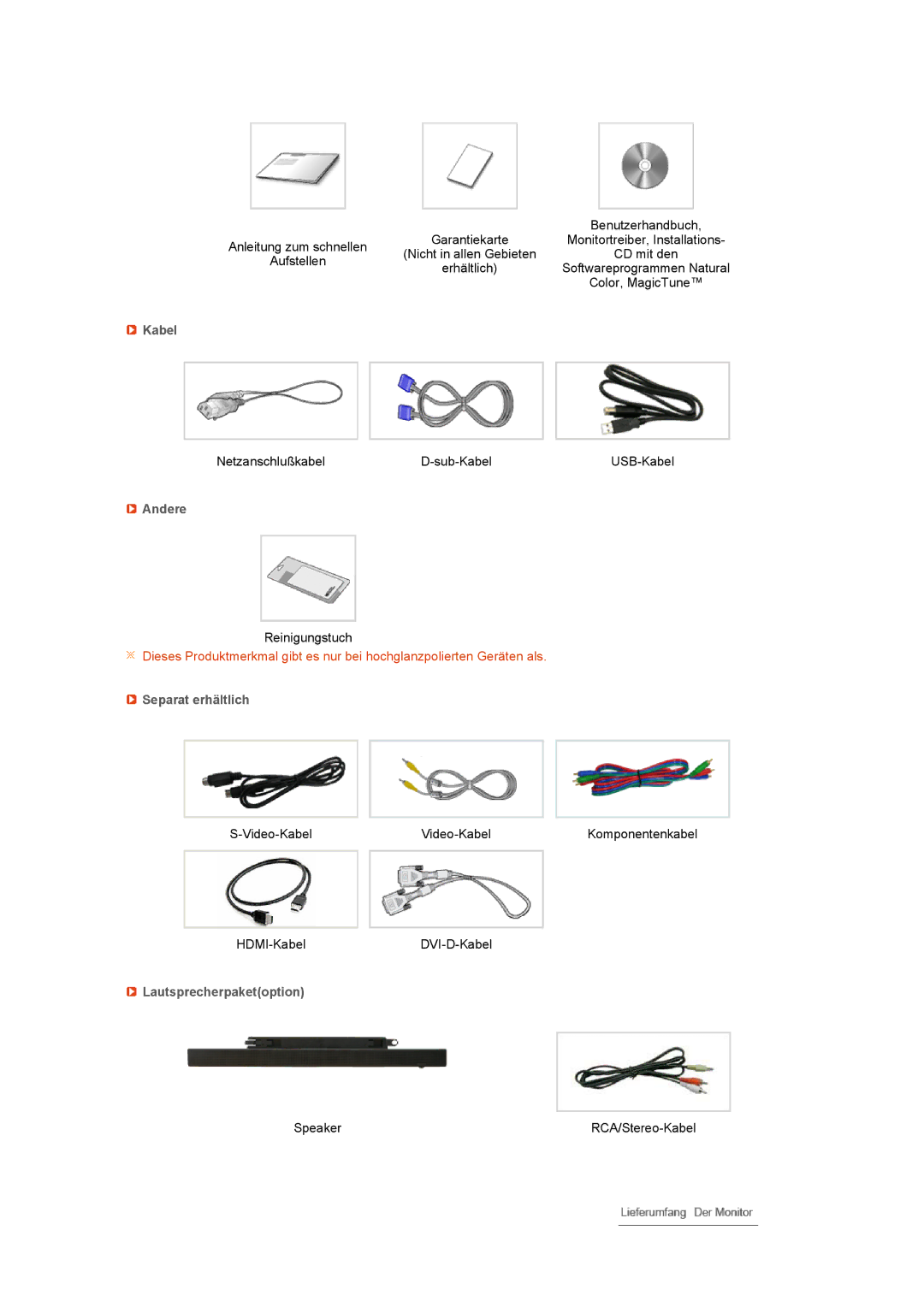 Samsung LS27HUCCB/EDC, LS27HUCCS/EDC manual Kabel, Andere, Separat erhältlich, Lautsprecherpaketoption 