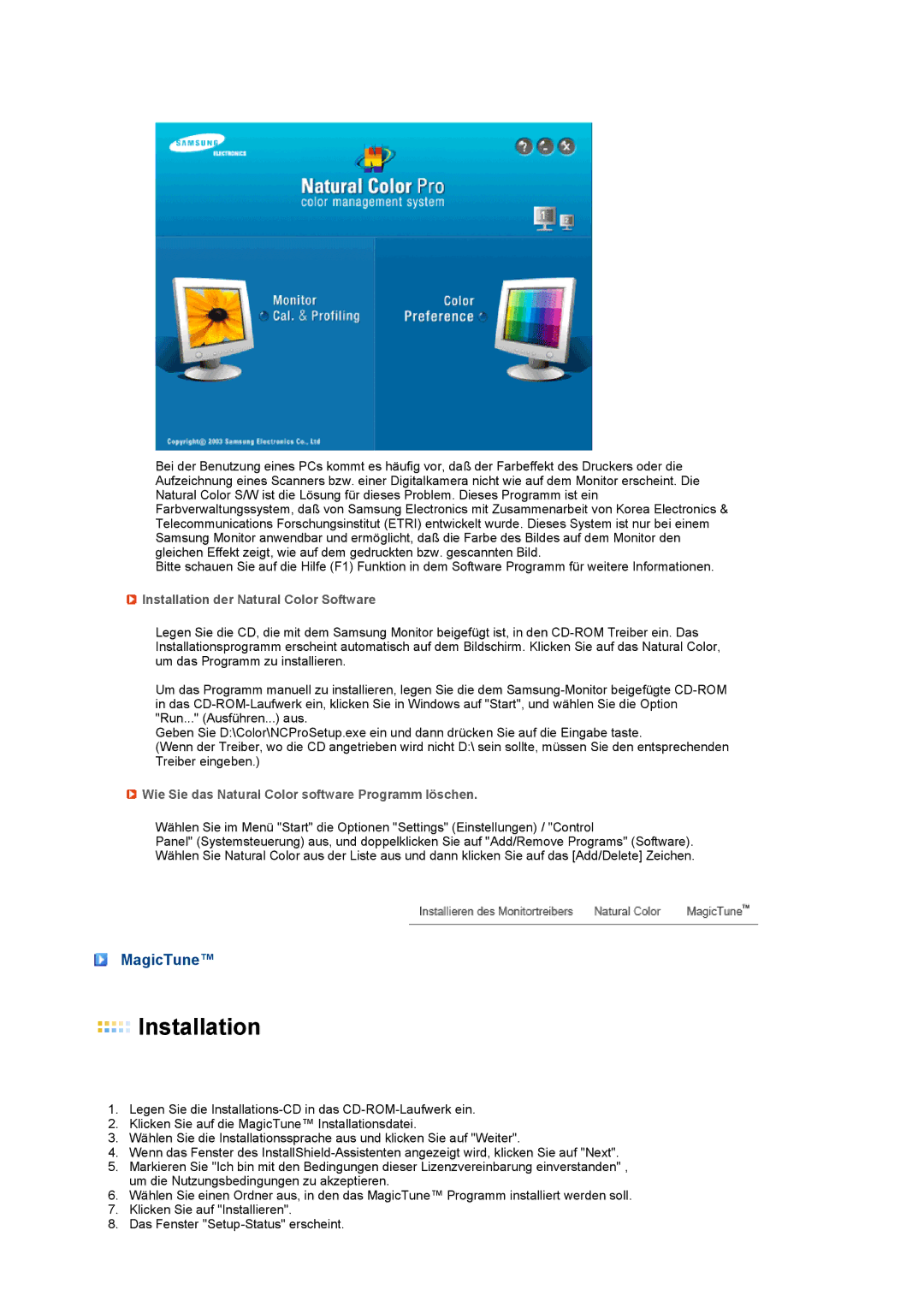 Samsung LS27HUCCS/EDC, LS27HUCCB/EDC manual MagicTune, Installation der Natural Color Software 