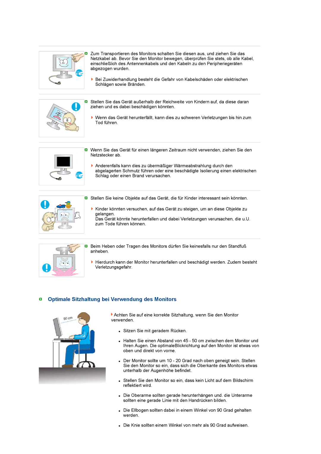 Samsung LS27HUCCB/EDC, LS27HUCCS/EDC manual Optimale Sitzhaltung bei Verwendung des Monitors 