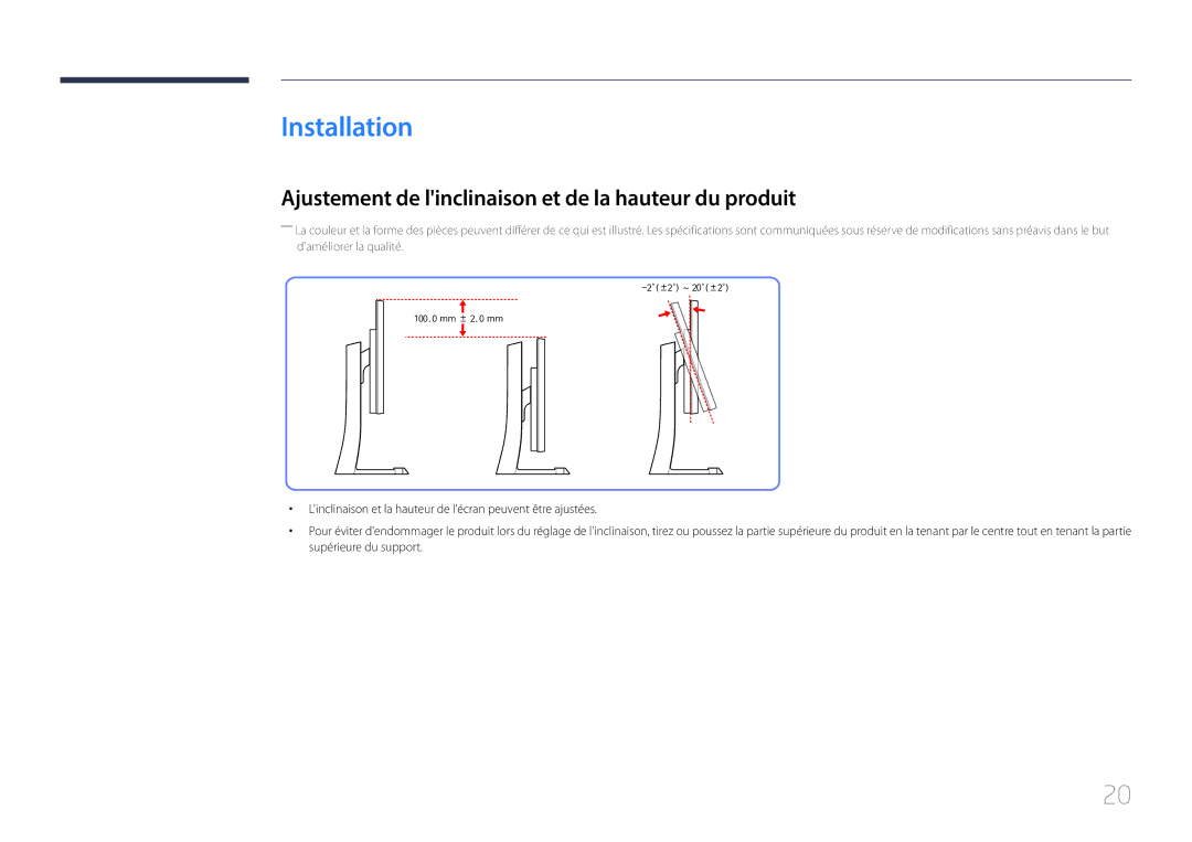 Samsung LS29E790CNS/EN manual Installation, Ajustement de linclinaison et de la hauteur du produit 