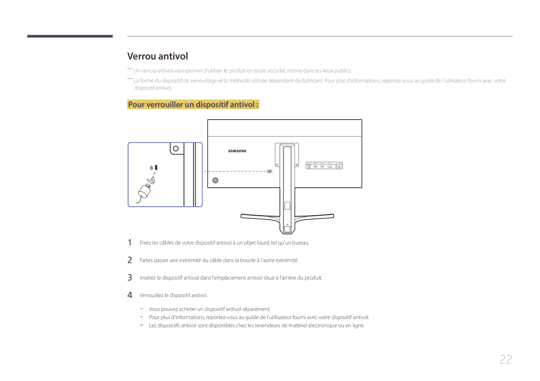 Samsung LS29E790CNS/EN manual Verrou antivol, Pour verrouiller un dispositif antivol 