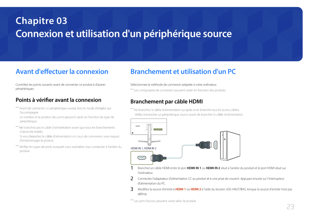 Samsung LS29E790CNS/EN manual Connexion et utilisation dun périphérique source, Avant deffectuer la connexion 