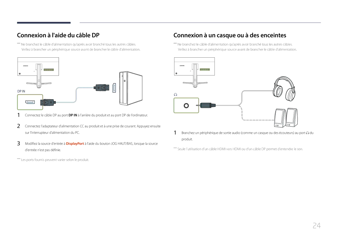 Samsung LS29E790CNS/EN manual Connexion à laide du câble DP, Connexion à un casque ou à des enceintes, Produit 