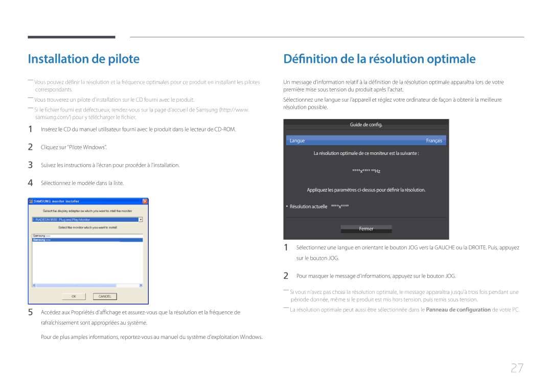 Samsung LS29E790CNS/EN manual Installation de pilote, Définition de la résolution optimale, Cliquez sur Pilote Windows 