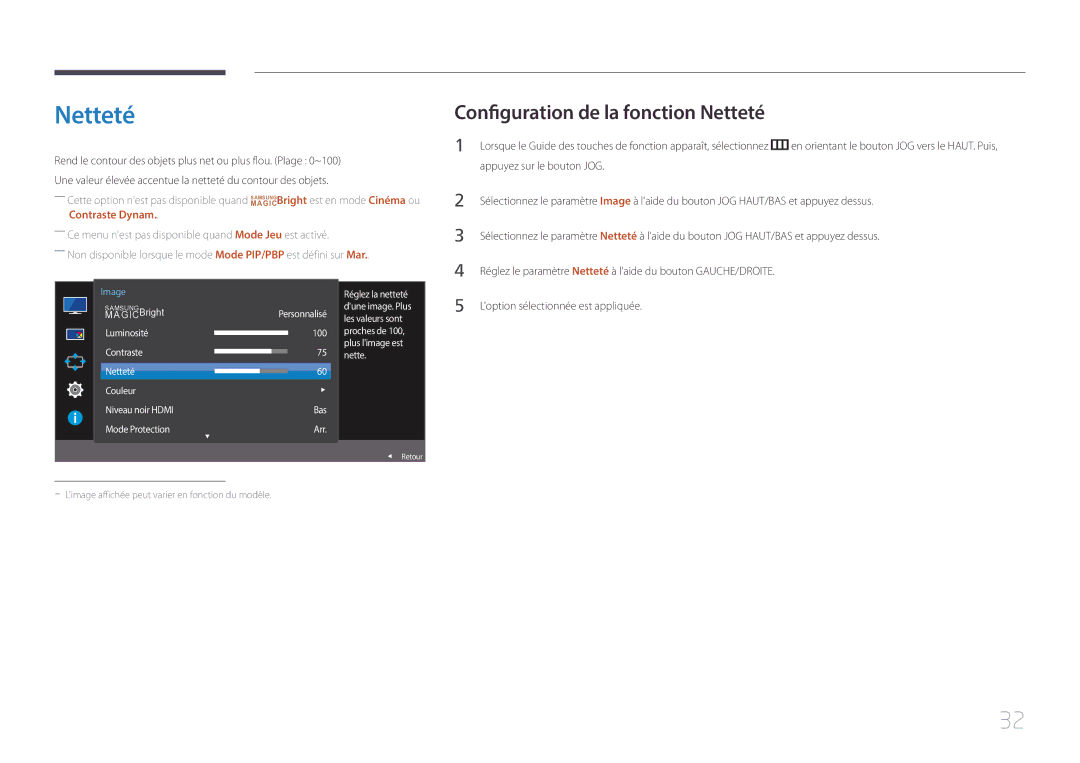 Samsung LS29E790CNS/EN manual Configuration de la fonction Netteté, Réglez la netteté 