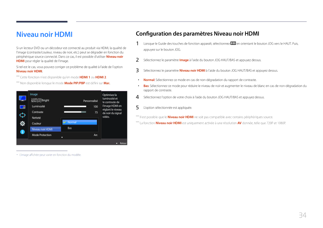 Samsung LS29E790CNS/EN manual Configuration des paramètres Niveau noir Hdmi, Vidéo, Normal Bas Arr 