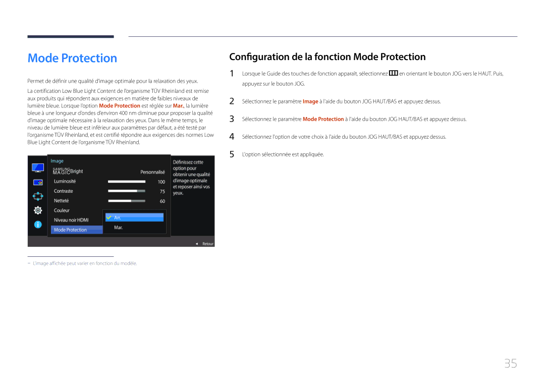 Samsung LS29E790CNS/EN manual Configuration de la fonction Mode Protection, Option pour, Yeux, Arr Mar 