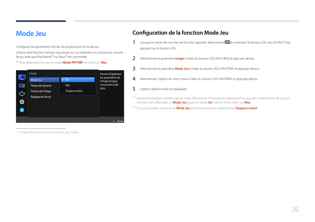 Samsung LS29E790CNS/EN manual Configuration de la fonction Mode Jeu, Arr. Mar Toujours activé 