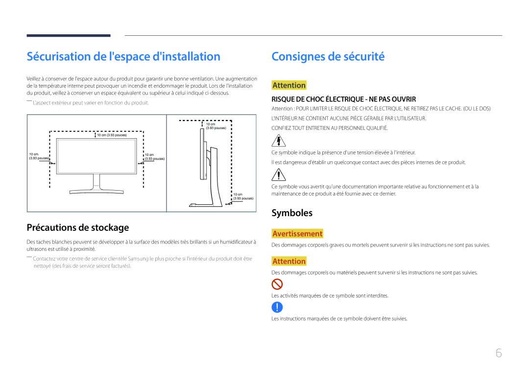 Samsung LS29E790CNS/EN manual Sécurisation de lespace dinstallation, Précautions de stockage, Symboles 