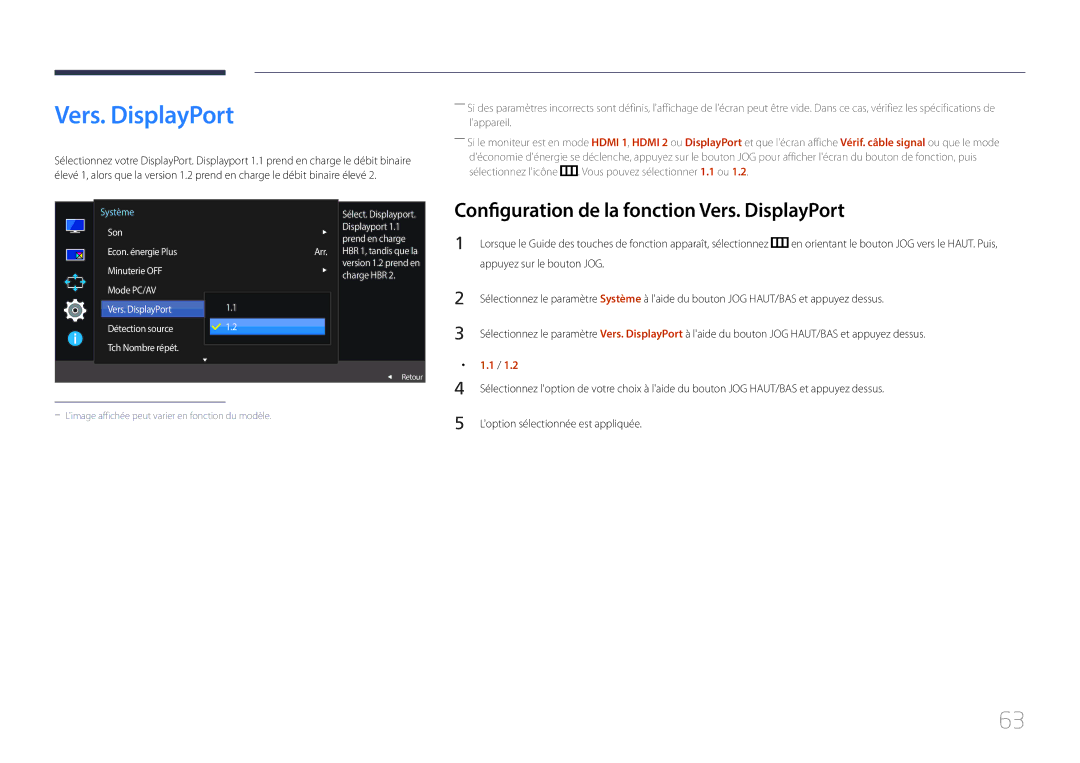 Samsung LS29E790CNS/EN manual Configuration de la fonction Vers. DisplayPort 