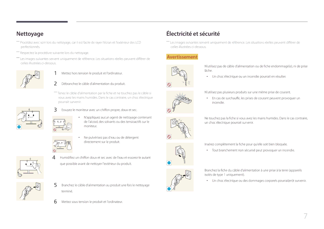 Samsung LS29E790CNS/EN manual Nettoyage, Électricité et sécurité 