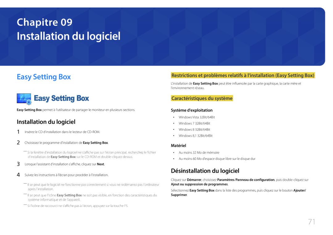 Samsung LS29E790CNS/EN manual Installation du logiciel, Easy Setting Box, Désinstallation du logiciel 