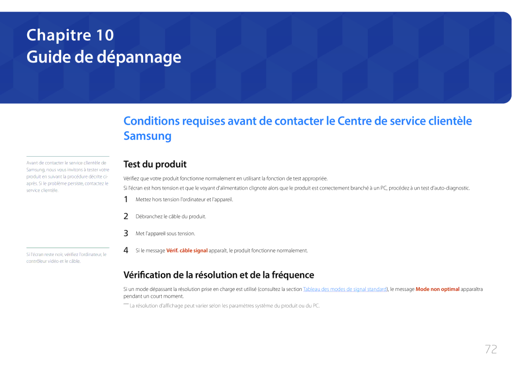 Samsung LS29E790CNS/EN manual Guide de dépannage, Test du produit, Vérification de la résolution et de la fréquence 