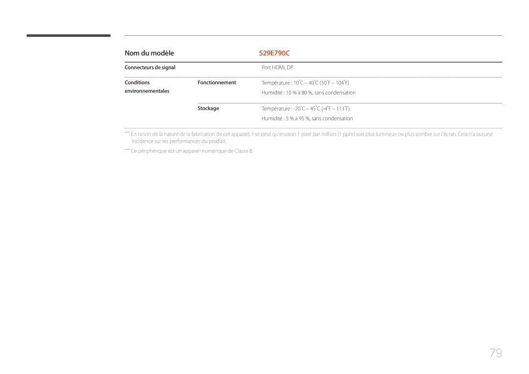 Samsung LS29E790CNS/EN manual Connecteurs de signal, Conditions Fonctionnement, Environnementales, Stockage 