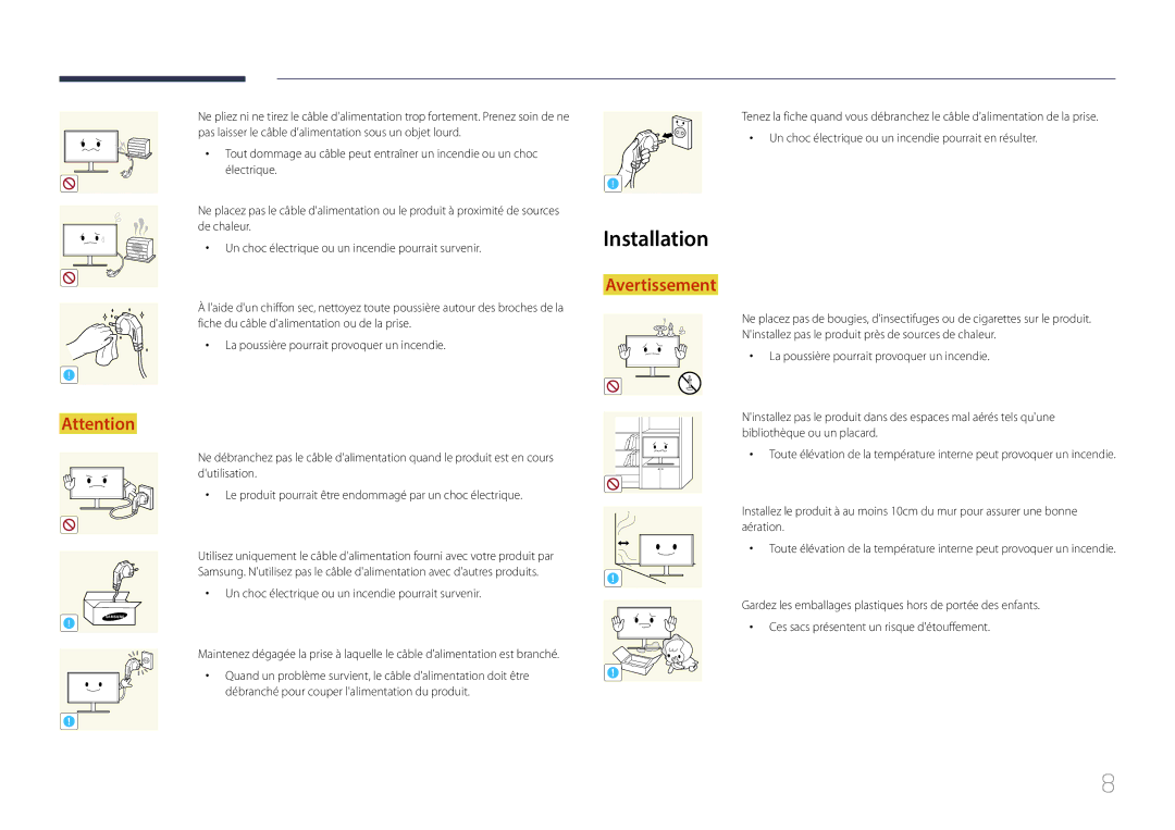 Samsung LS29E790CNS/EN manual Installation, Un choc électrique ou un incendie pourrait survenir 