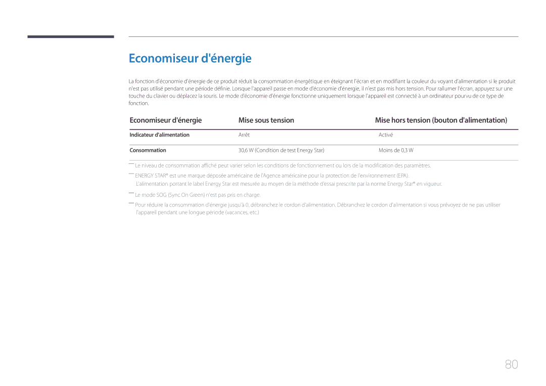 Samsung LS29E790CNS/EN manual Economiseur dénergie Mise sous tension, Indicateur dalimentation, Consommation 