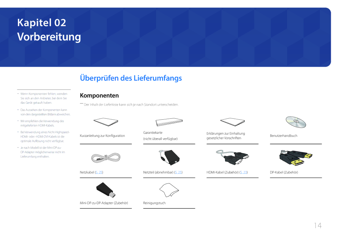 Samsung LS29E790CNS/EN manual Vorbereitung, Überprüfen des Lieferumfangs, Komponenten 