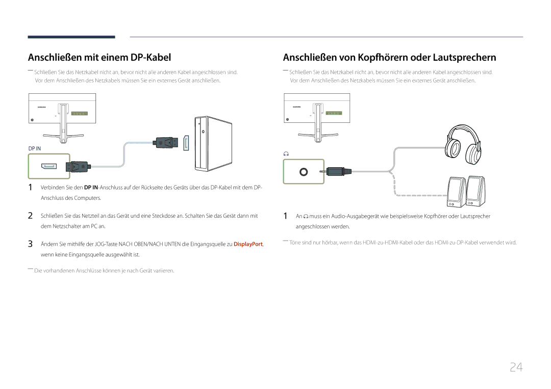 Samsung LS29E790CNS/EN manual Anschließen mit einem DP-Kabel, Anschließen von Kopfhörern oder Lautsprechern 