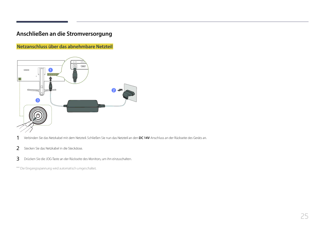 Samsung LS29E790CNS/EN manual Anschließen an die Stromversorgung, Stecken Sie das Netzkabel in die Steckdose 