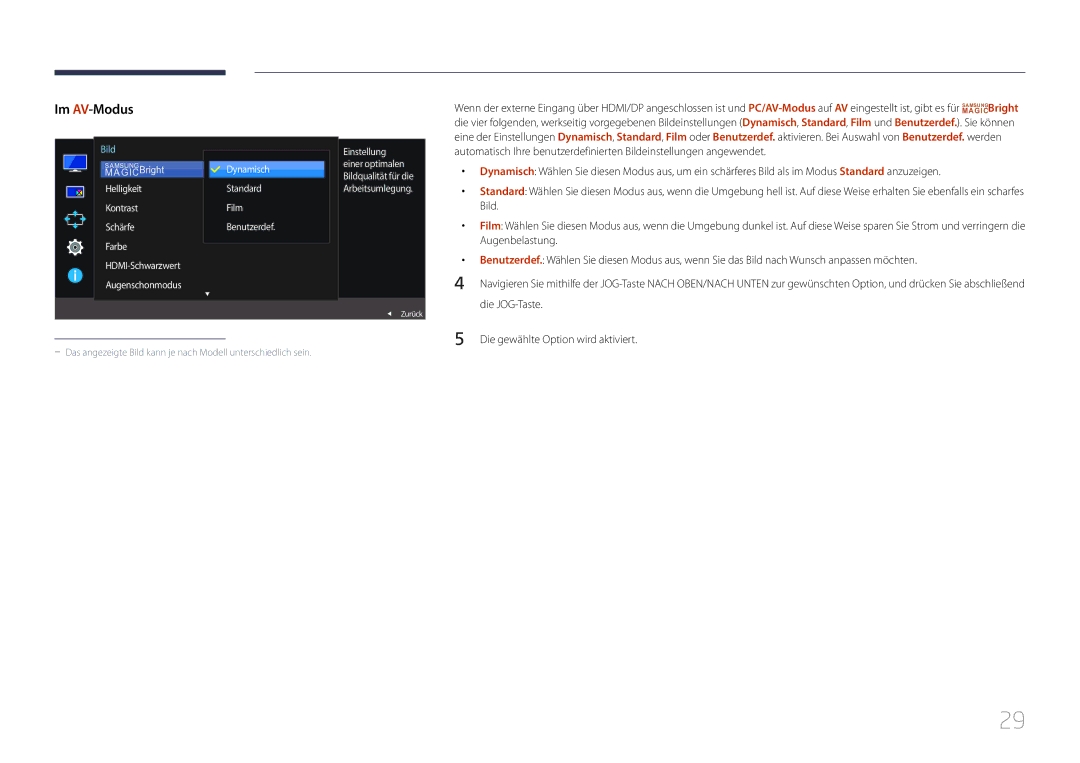 Samsung LS29E790CNS/EN manual Die JOG-Taste, Die gewählte Option wird aktiviert, Dynamisch 