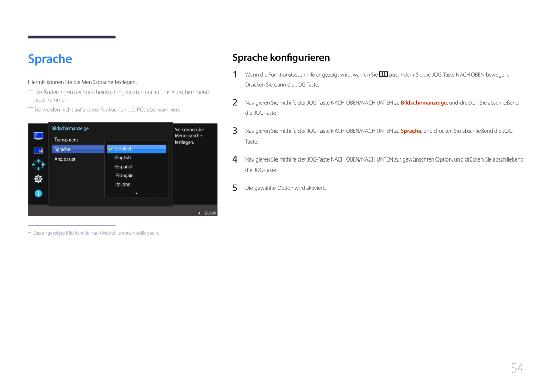 Samsung LS29E790CNS/EN manual Sprache konfigurieren, Hiermit können Sie die Menüsprache festlegen 