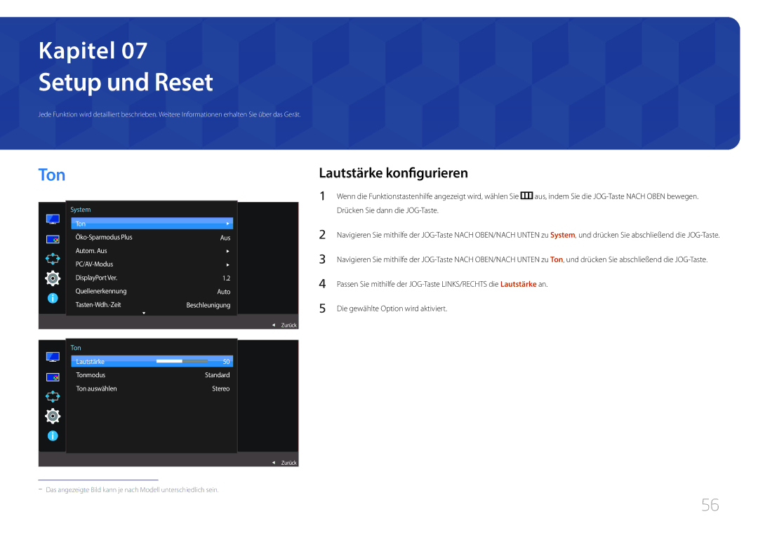 Samsung LS29E790CNS/EN Setup und Reset, Lautstärke konfigurieren, Lautstärke Tonmodus Standard Ton auswählen Stereo 