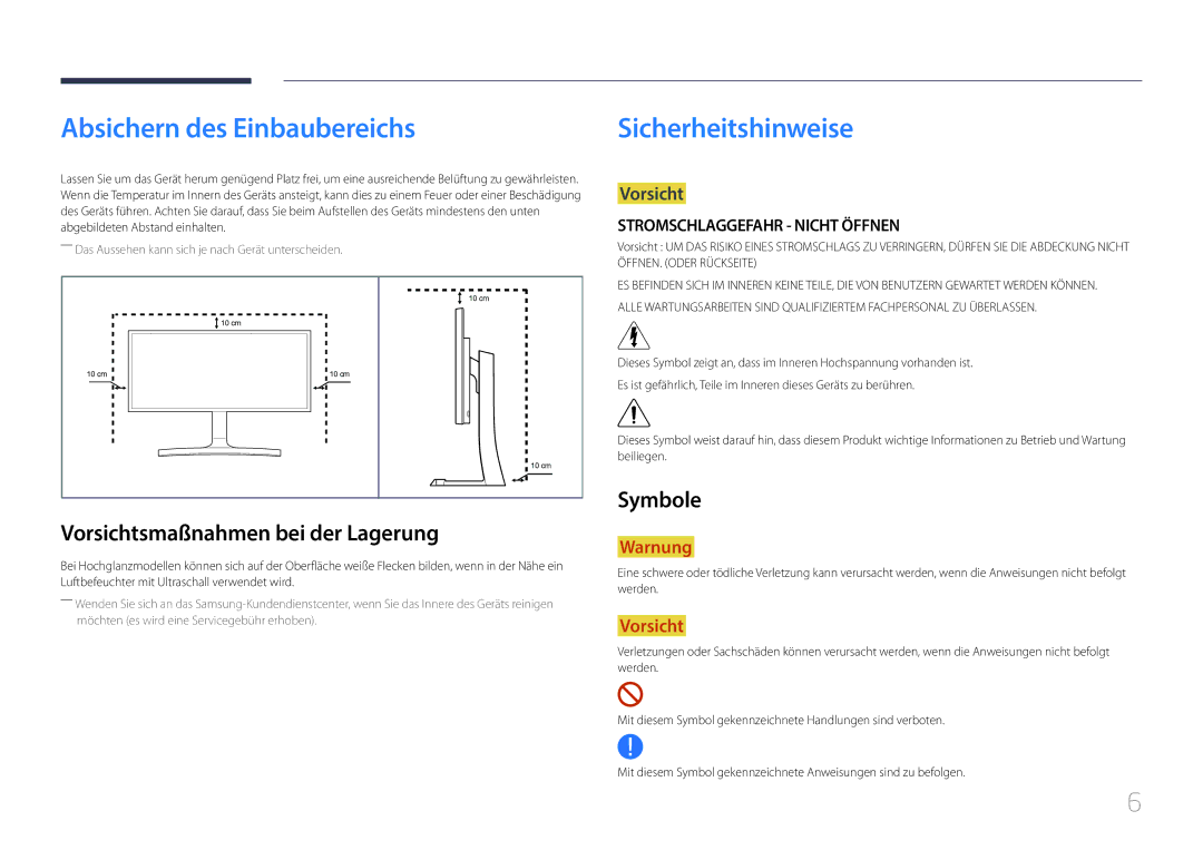 Samsung LS29E790CNS/EN Absichern des Einbaubereichs, Sicherheitshinweise, Vorsichtsmaßnahmen bei der Lagerung, Symbole 