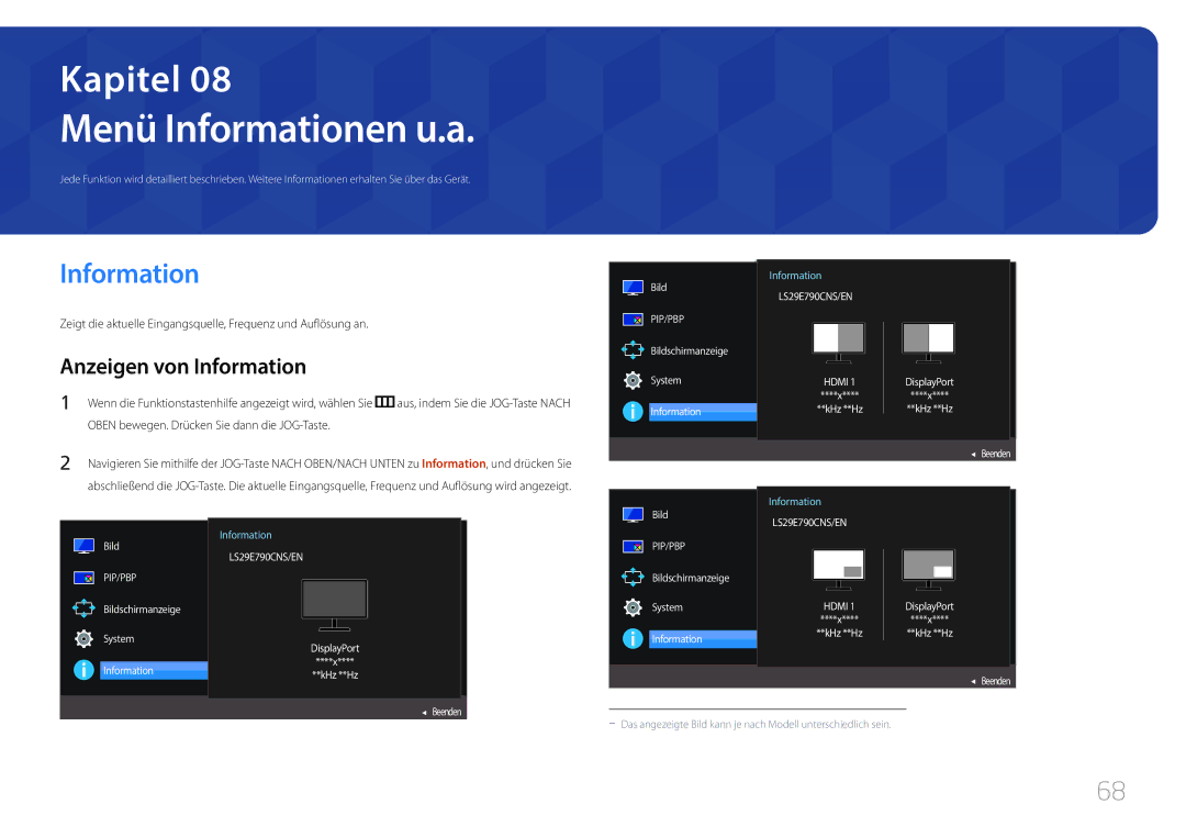 Samsung LS29E790CNS/EN Menü Informationen u.a, Anzeigen von Information, Oben bewegen. Drücken Sie dann die JOG-Taste 