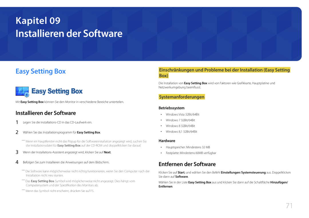 Samsung LS29E790CNS/EN manual Installieren der Software, Easy Setting Box, Entfernen der Software 