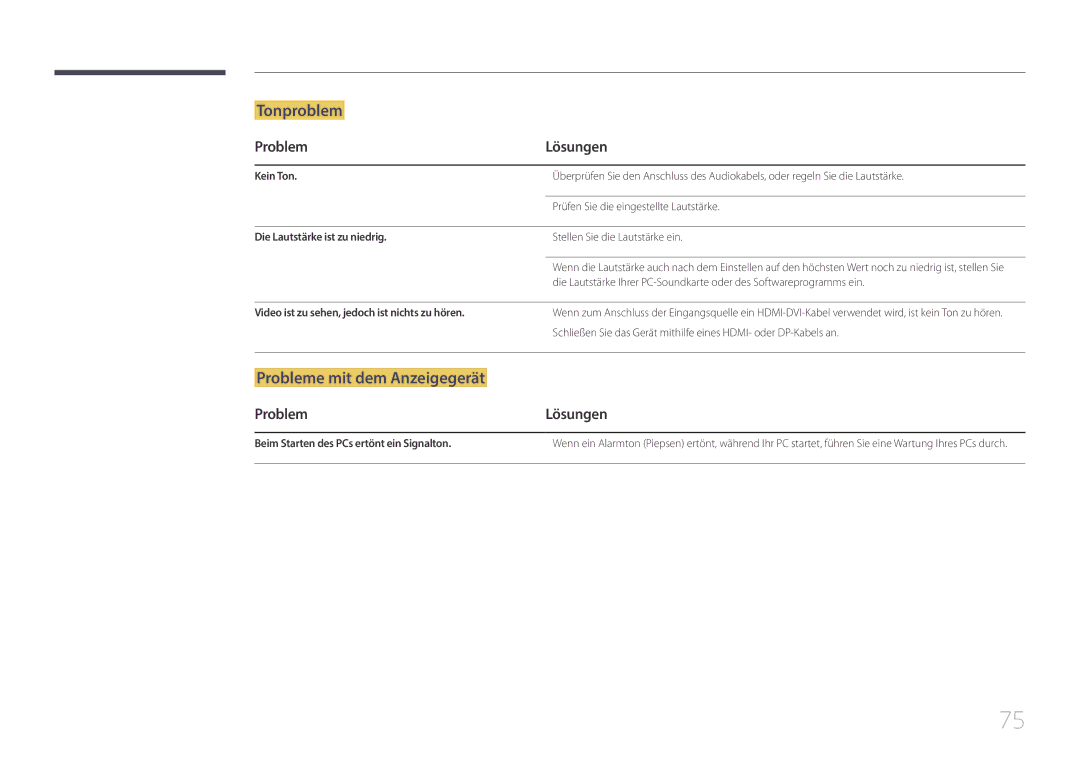 Samsung LS29E790CNS/EN manual Kein Ton, Prüfen Sie die eingestellte Lautstärke, Die Lautstärke ist zu niedrig 