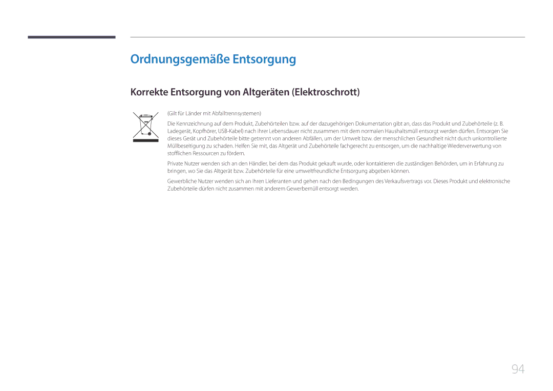 Samsung LS29E790CNS/EN manual Ordnungsgemäße Entsorgung, Korrekte Entsorgung von Altgeräten Elektroschrott 