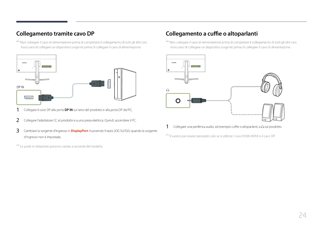 Samsung LS29E790CNS/EN manual Collegamento tramite cavo DP, Collegamento a cuffie o altoparlanti, Dingresso non è impostata 