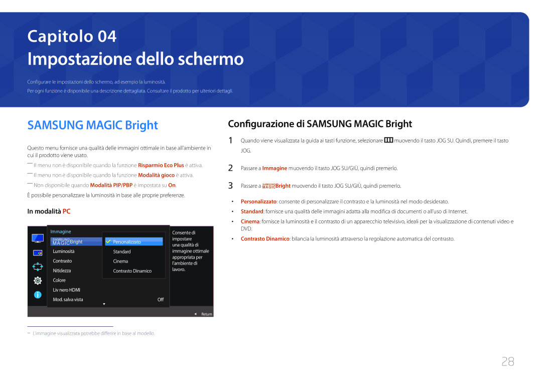 Samsung LS29E790CNS/EN manual Impostazione dello schermo, Configurazione di Samsung Magic Bright 