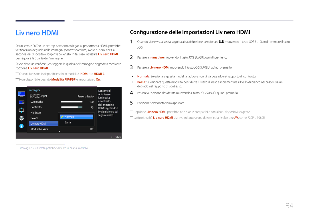 Samsung LS29E790CNS/EN manual Configurazione delle impostazioni Liv nero Hdmi, Segnale video, Normale Bassa Off 