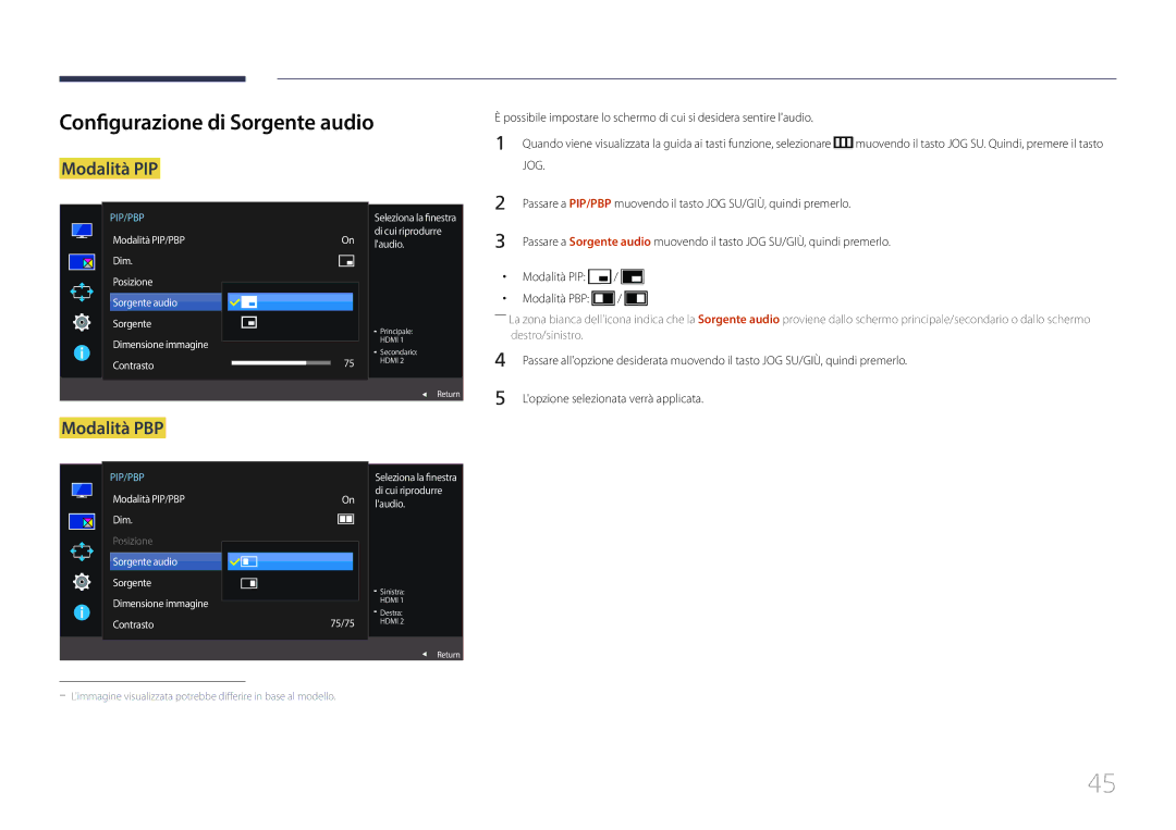 Samsung LS29E790CNS/EN manual Configurazione di Sorgente audio, Modalità PIP Modalità PBP, On laudio 