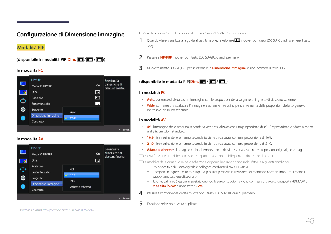 Samsung LS29E790CNS/EN manual Configurazione di Dimensione immagine, Disponibile in modalità PIPDim. / / In modalità PC 