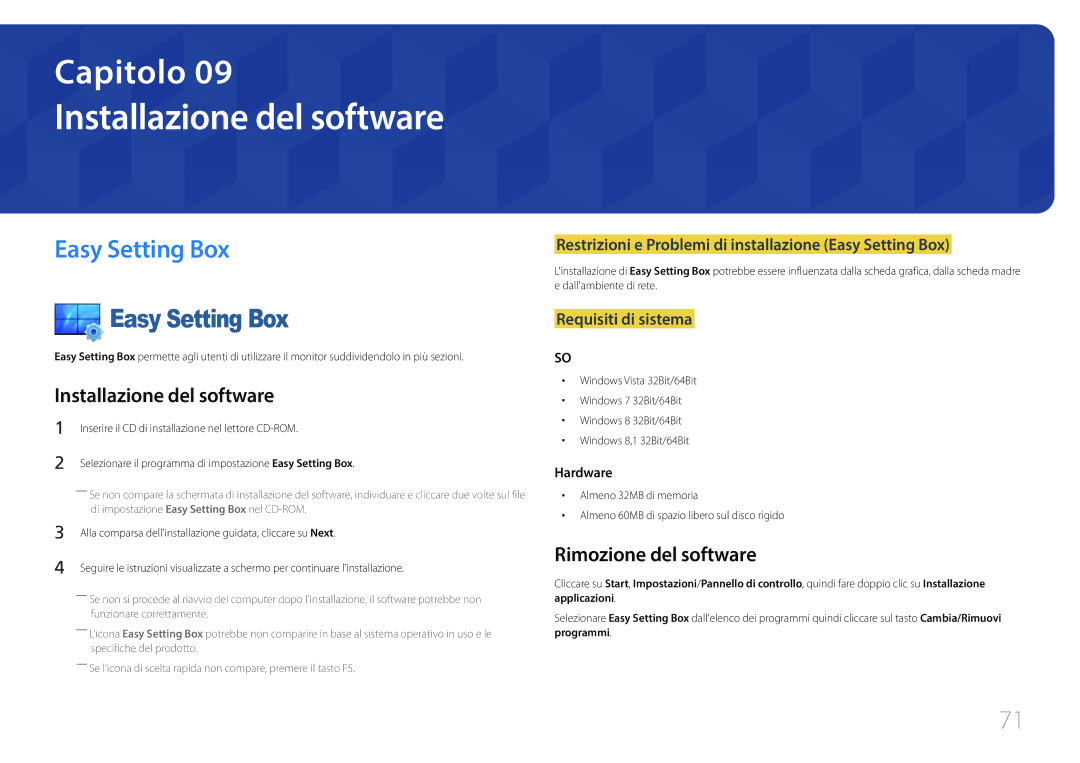 Samsung LS29E790CNS/EN manual Installazione del software, Easy Setting Box, Rimozione del software 