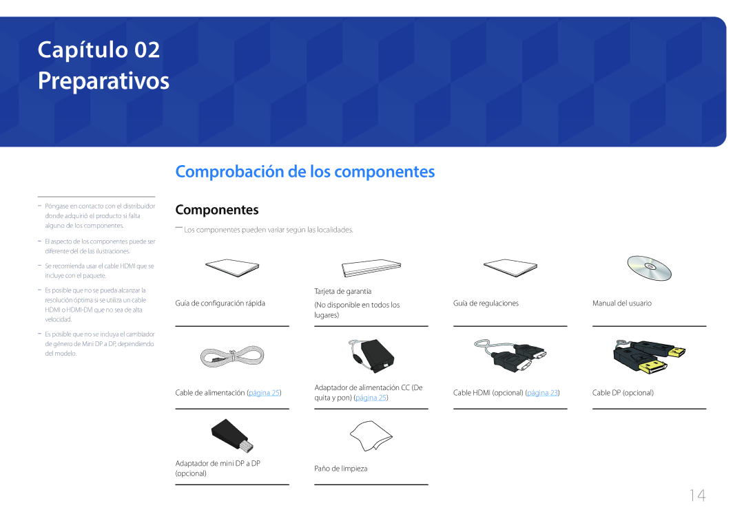 Samsung LS29E790CNS/EN manual Preparativos, Comprobación de los componentes, Componentes, Cable DP opcional 