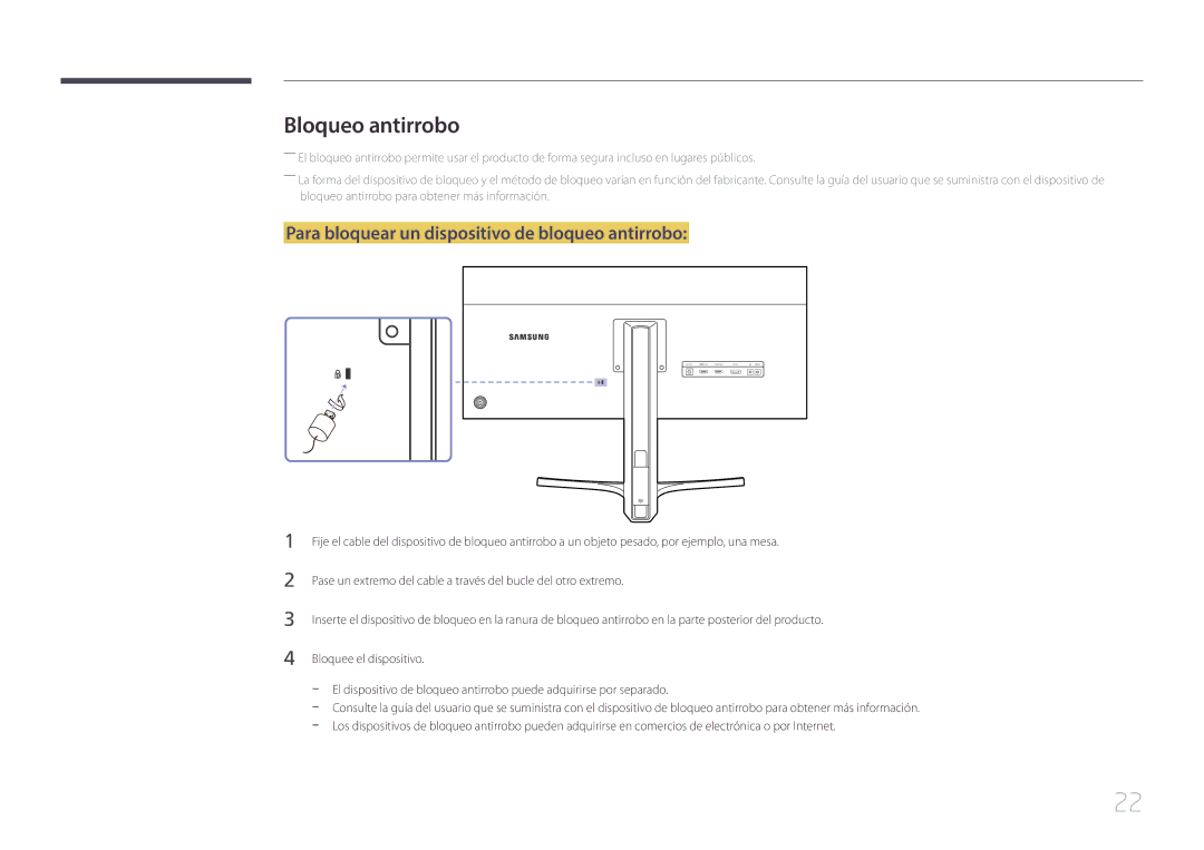 Samsung LS29E790CNS/EN manual Bloqueo antirrobo, Para bloquear un dispositivo de bloqueo antirrobo 