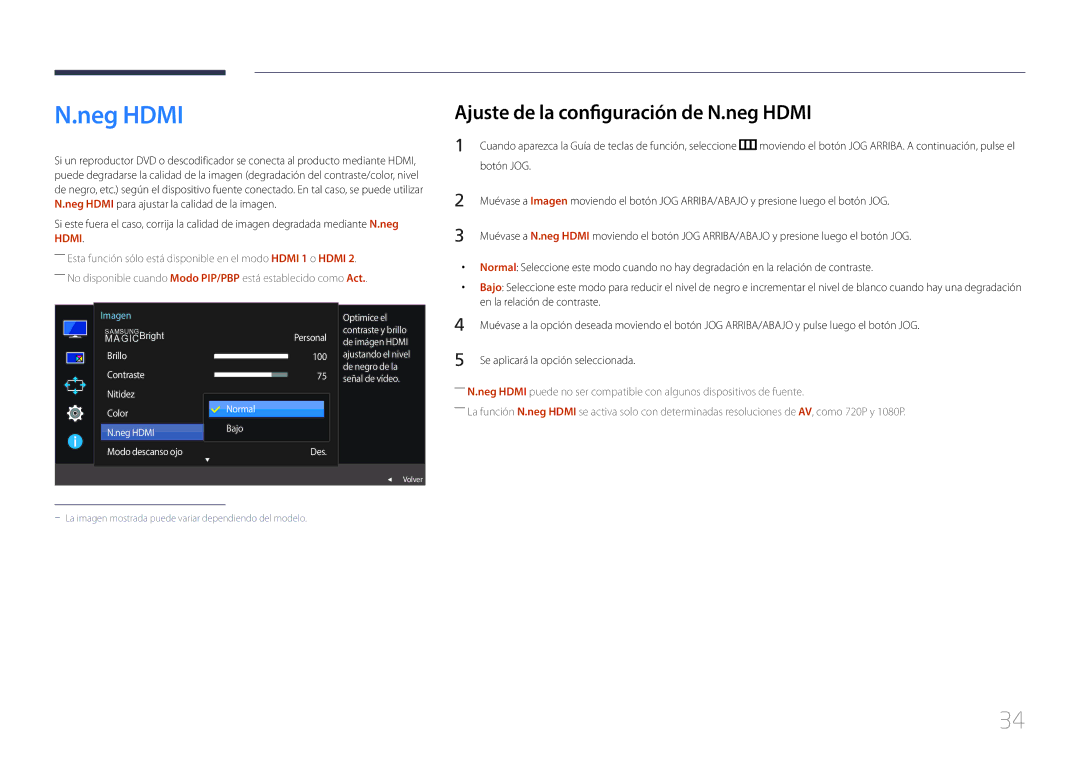 Samsung LS29E790CNS/EN manual Neg Hdmi, Ajuste de la configuración de N.neg Hdmi, De negro de la, Normal Bajo Des 