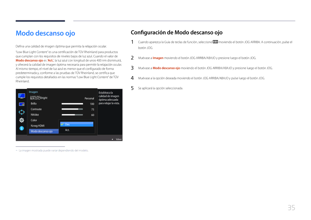 Samsung LS29E790CNS/EN manual Configuración de Modo descanso ojo, Des Act 