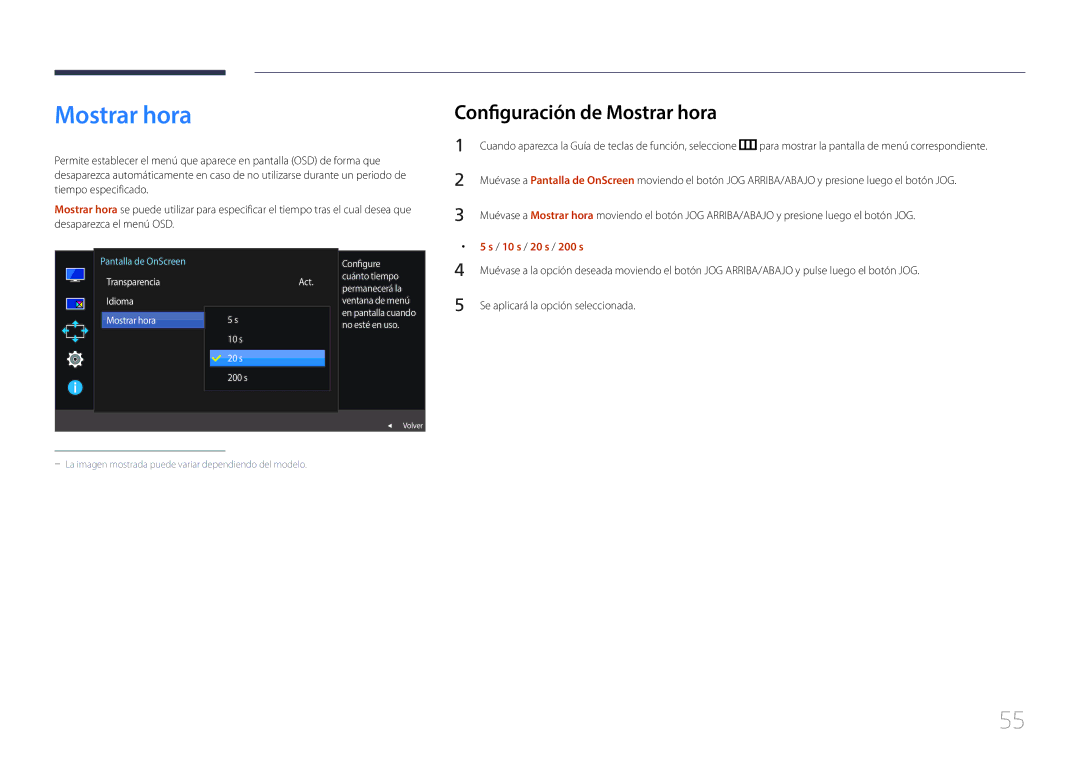 Samsung LS29E790CNS/EN manual Configuración de Mostrar hora, Mostrar hora Act 10 s 20 s 200 s 