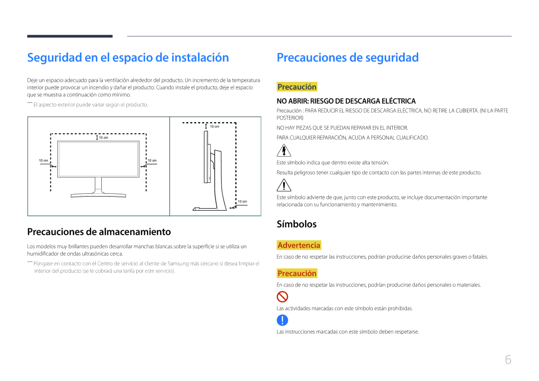 Samsung LS29E790CNS/EN Seguridad en el espacio de instalación, Precauciones de seguridad, Precauciones de almacenamiento 