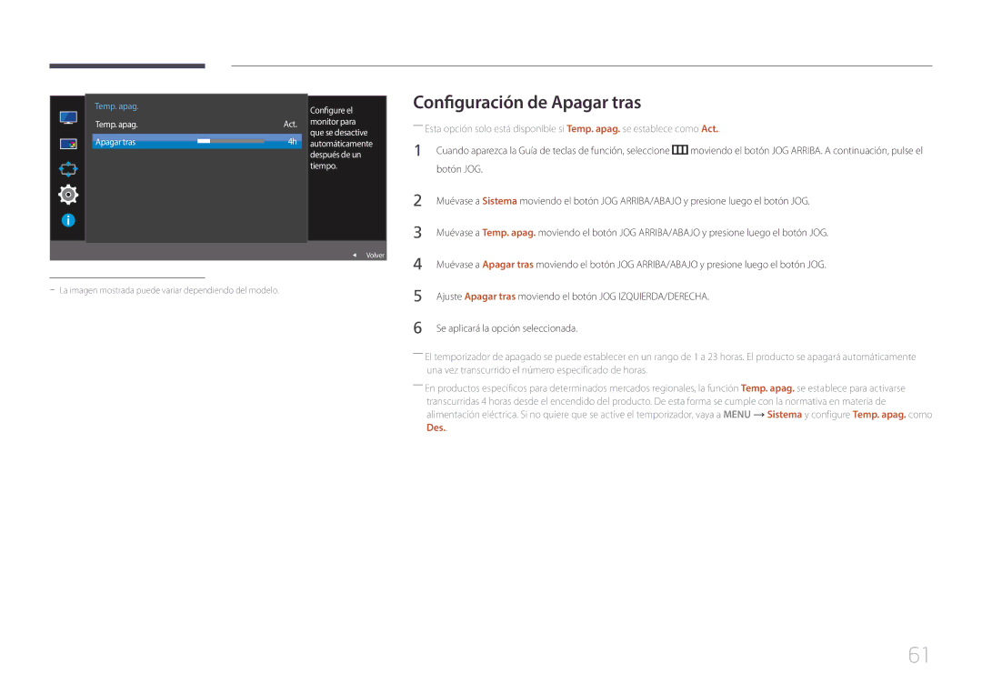 Samsung LS29E790CNS/EN manual Configuración de Apagar tras, Configure el 