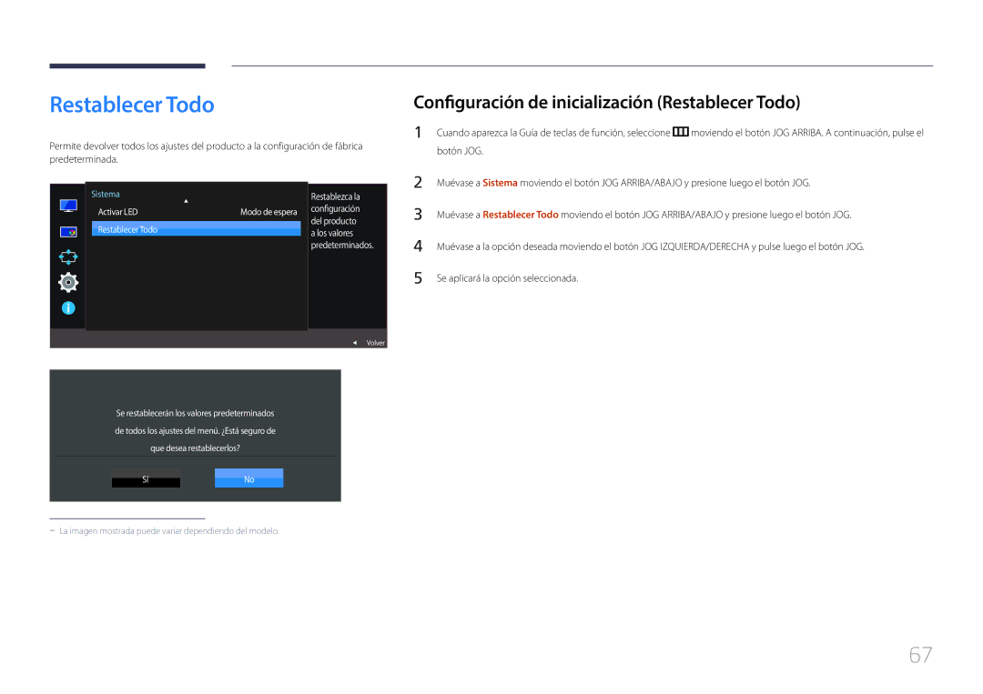 Samsung LS29E790CNS/EN Configuración de inicialización Restablecer Todo, Activar LEDModo de espera Restablecer Todo 