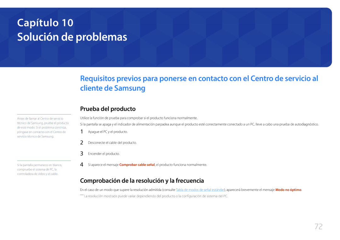 Samsung LS29E790CNS/EN manual Solución de problemas, Prueba del producto, Comprobación de la resolución y la frecuencia 