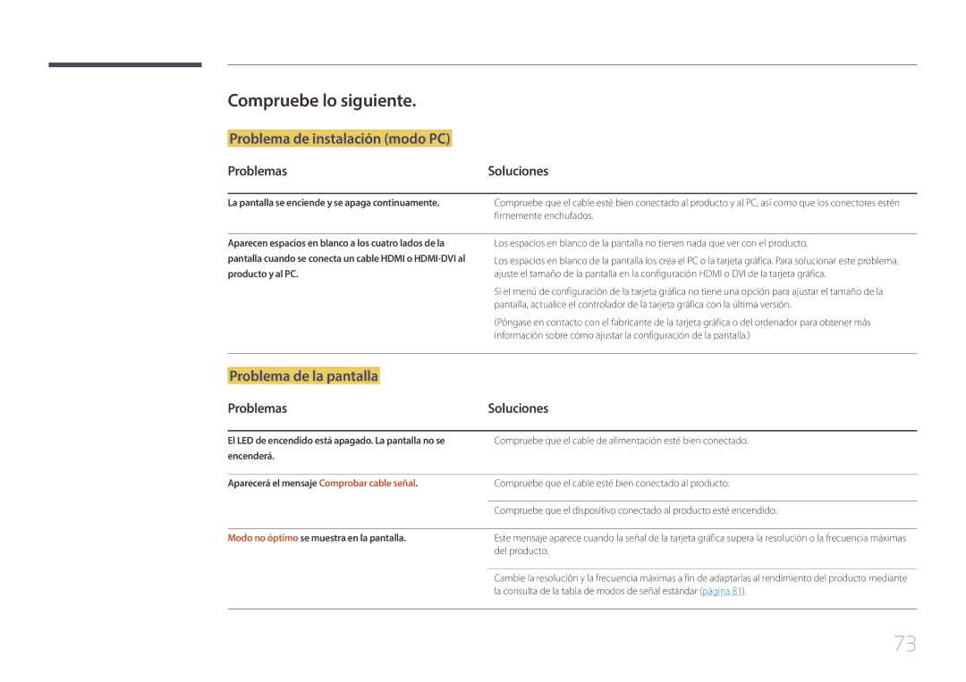 Samsung LS29E790CNS/EN manual Compruebe lo siguiente, Problemas, La pantalla se enciende y se apaga continuamente 