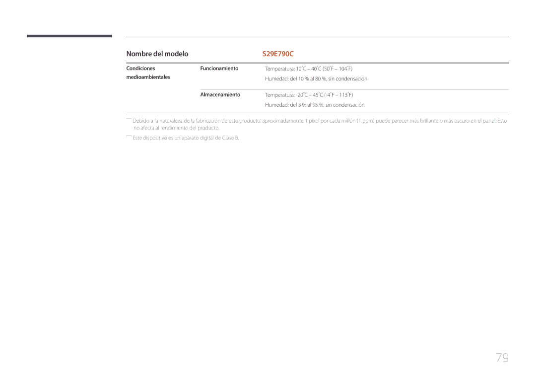 Samsung LS29E790CNS/EN manual Condiciones Funcionamiento, Medioambientales, Almacenamiento 